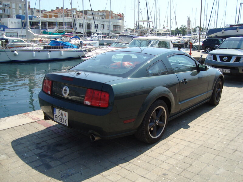 Dark green Ford Mustang at marina