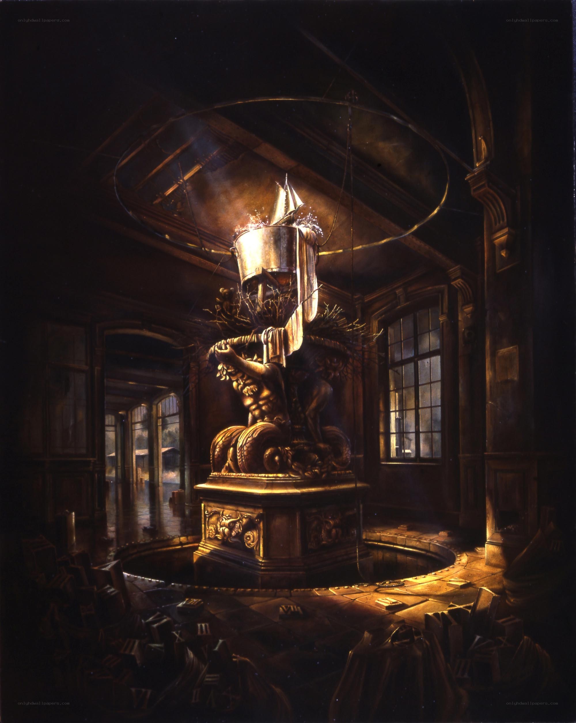 Dark hall with golden statue