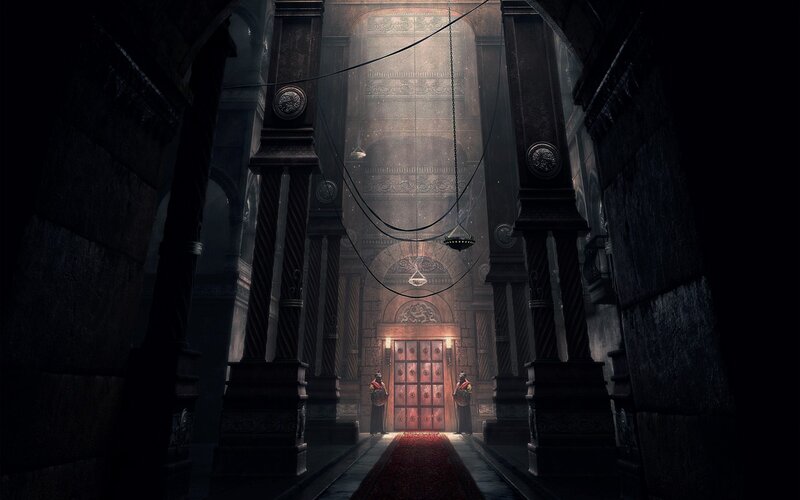 dark hall with red carpet