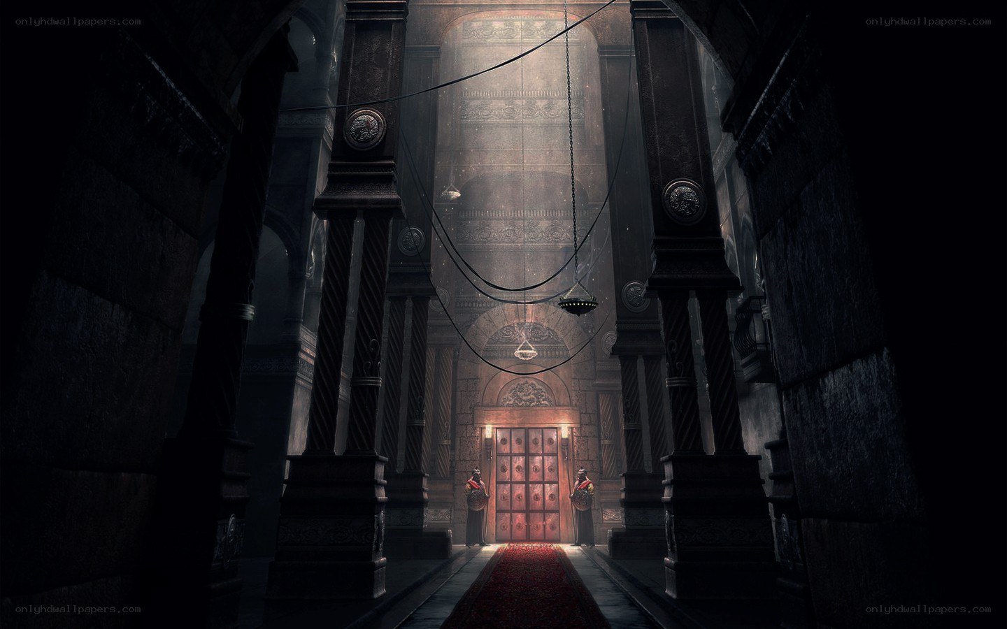 dark hall with red carpet