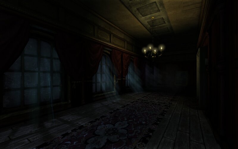 Dark Hallway with Chandelier