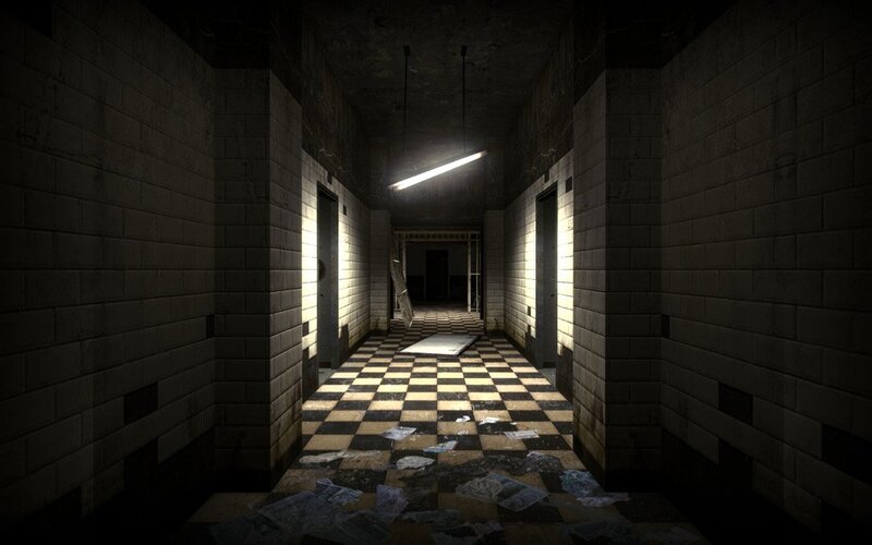 dark hallway with checkered floor
