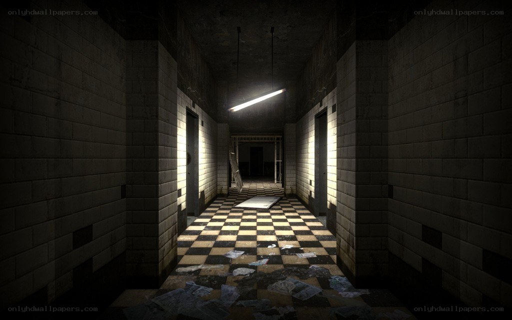 dark hallway with checkered floor