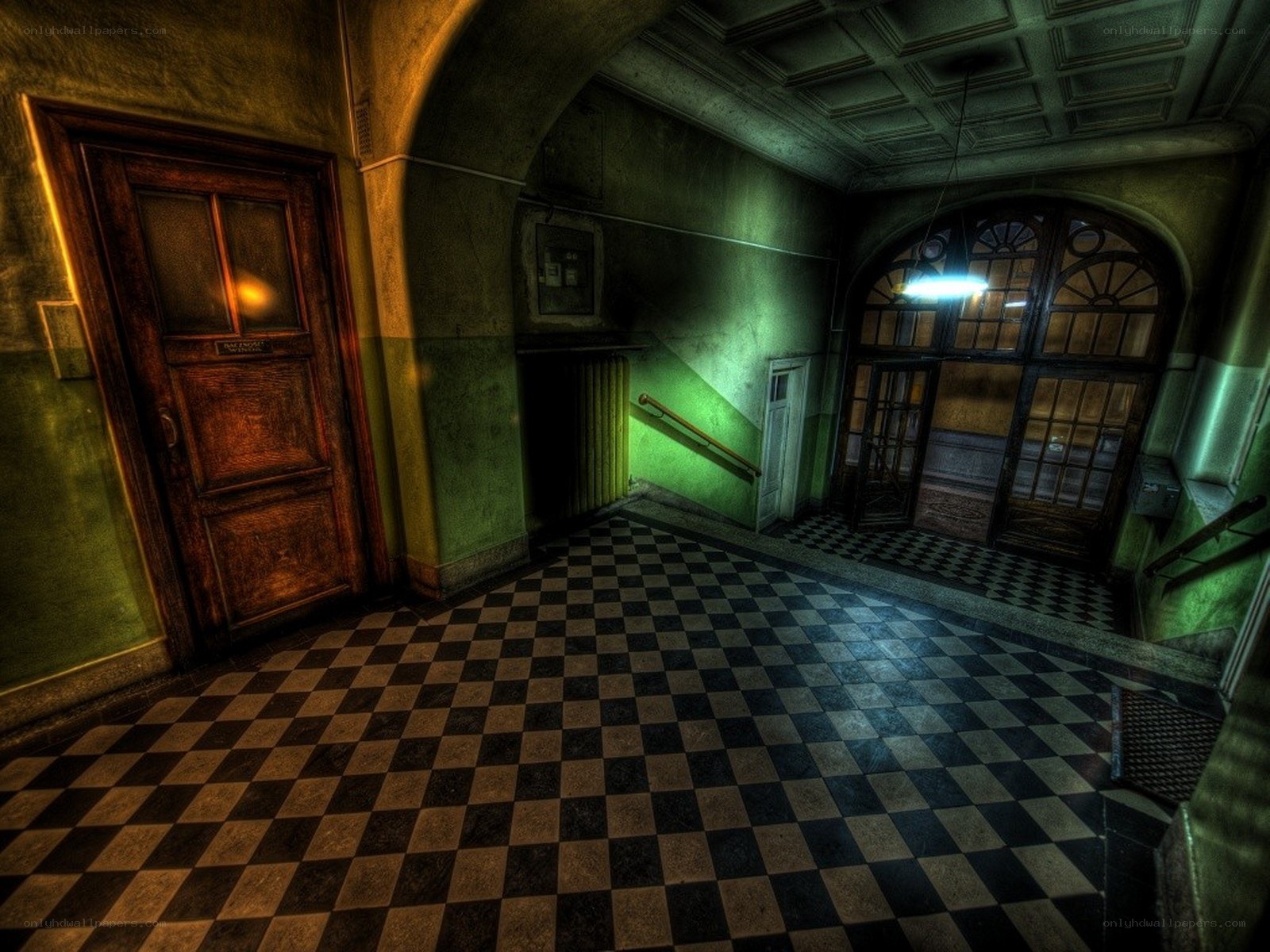 dark hallway with checkered floor