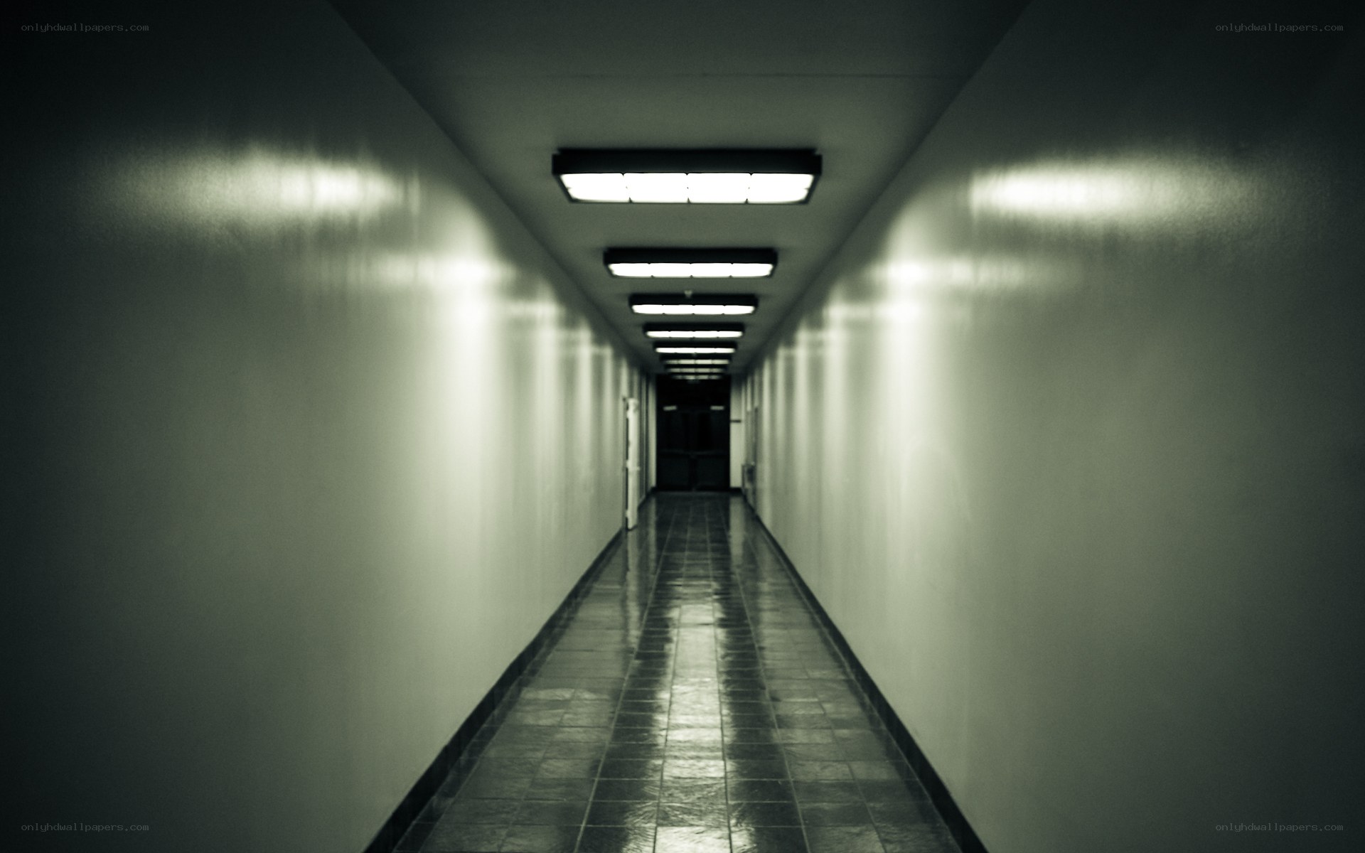 dark hallway with fluorescent lights