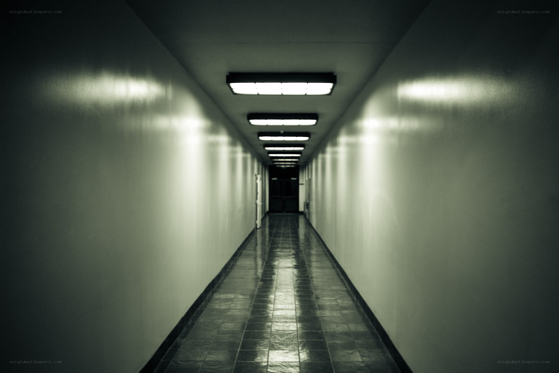 dark hallway with fluorescent lights