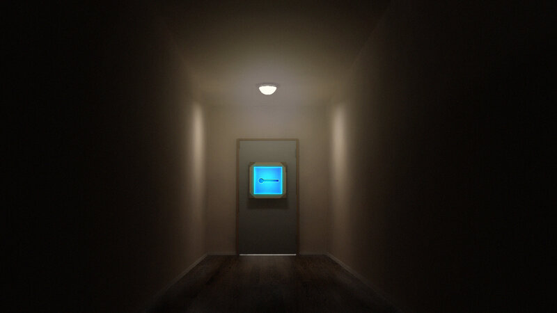 dark hallway with glowing door
