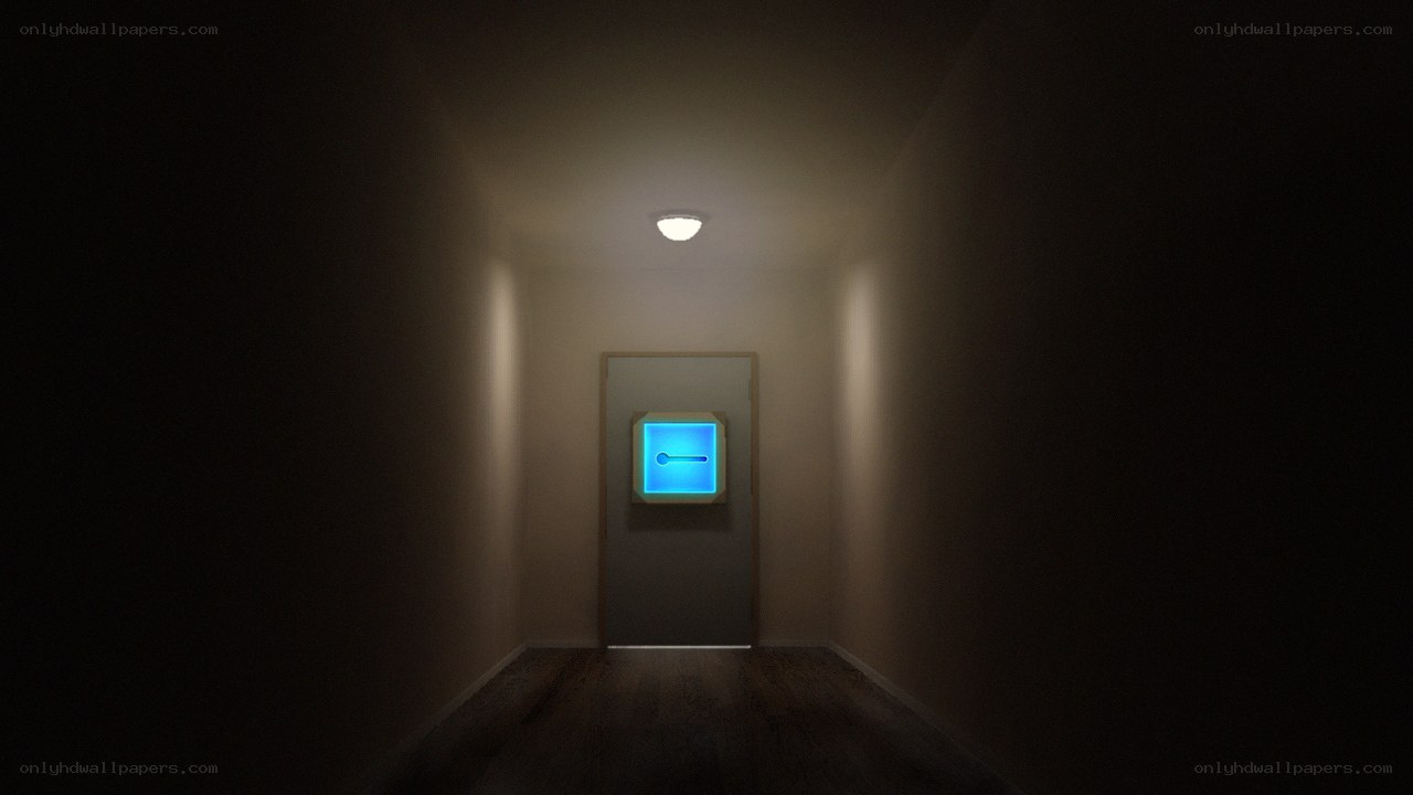 dark hallway with glowing door