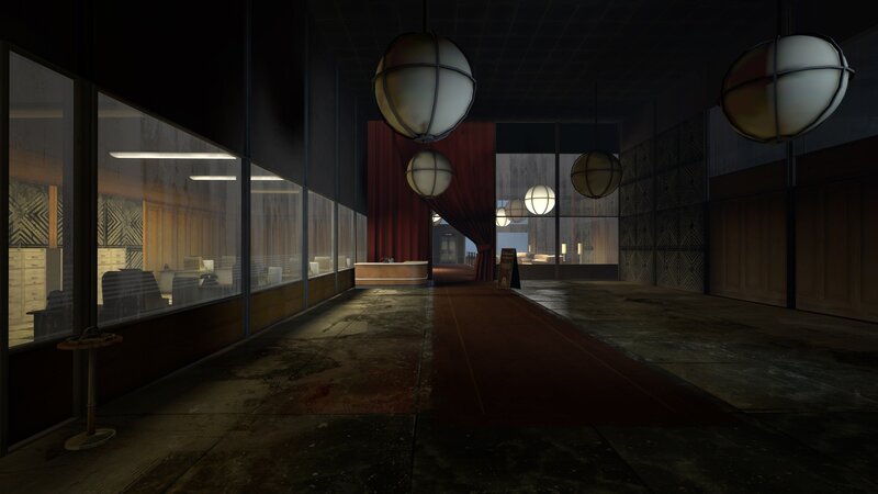 dark hallway with spherical lights