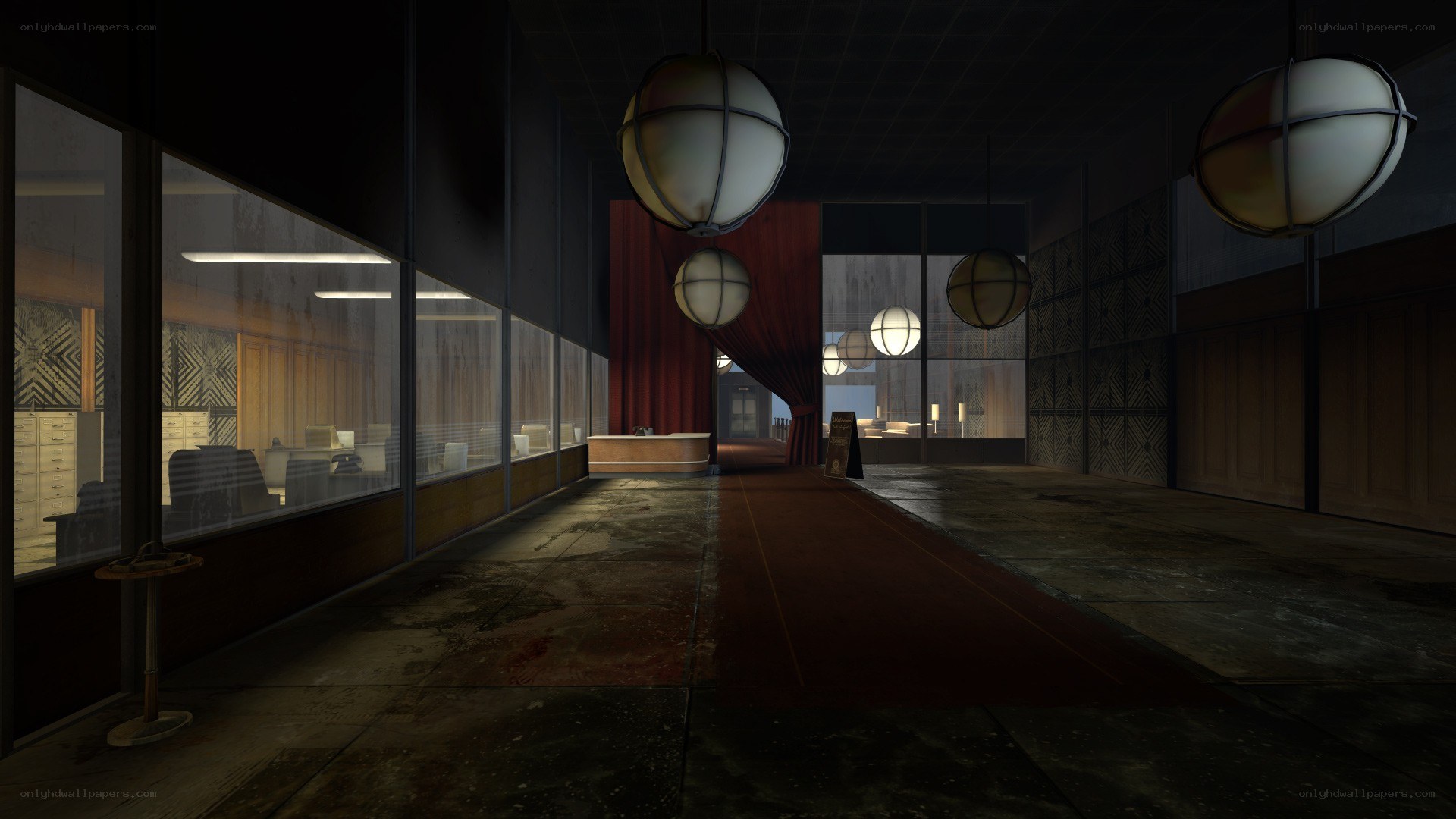 dark hallway with spherical lights