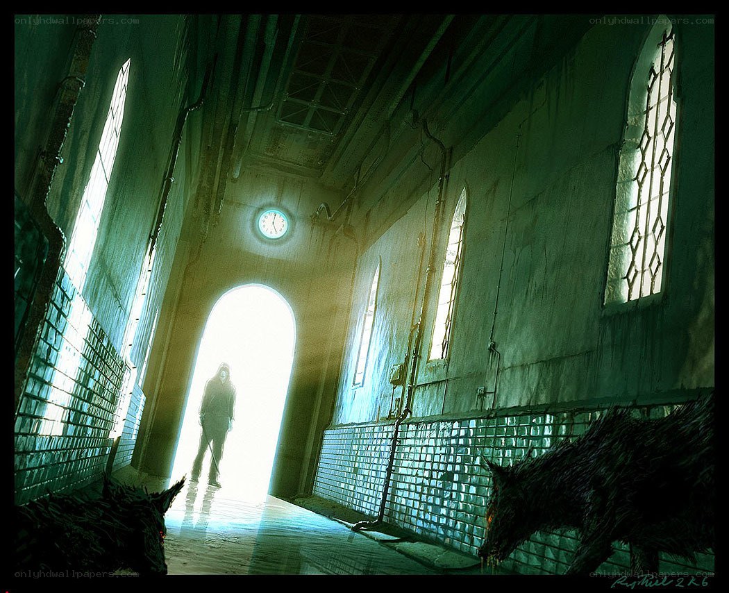 Dark hallway with wolves