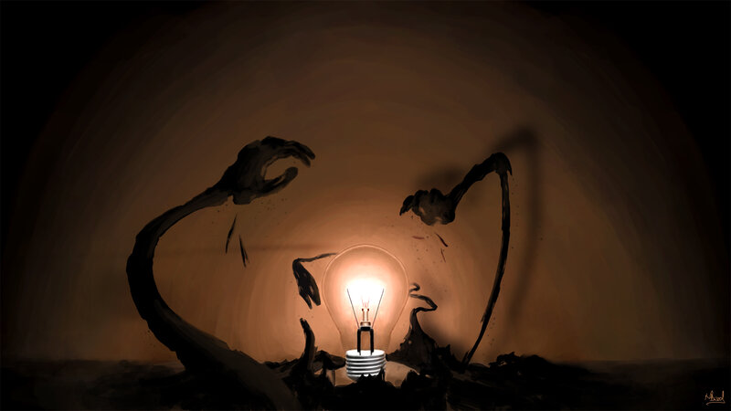 Dark hands around a light bulb