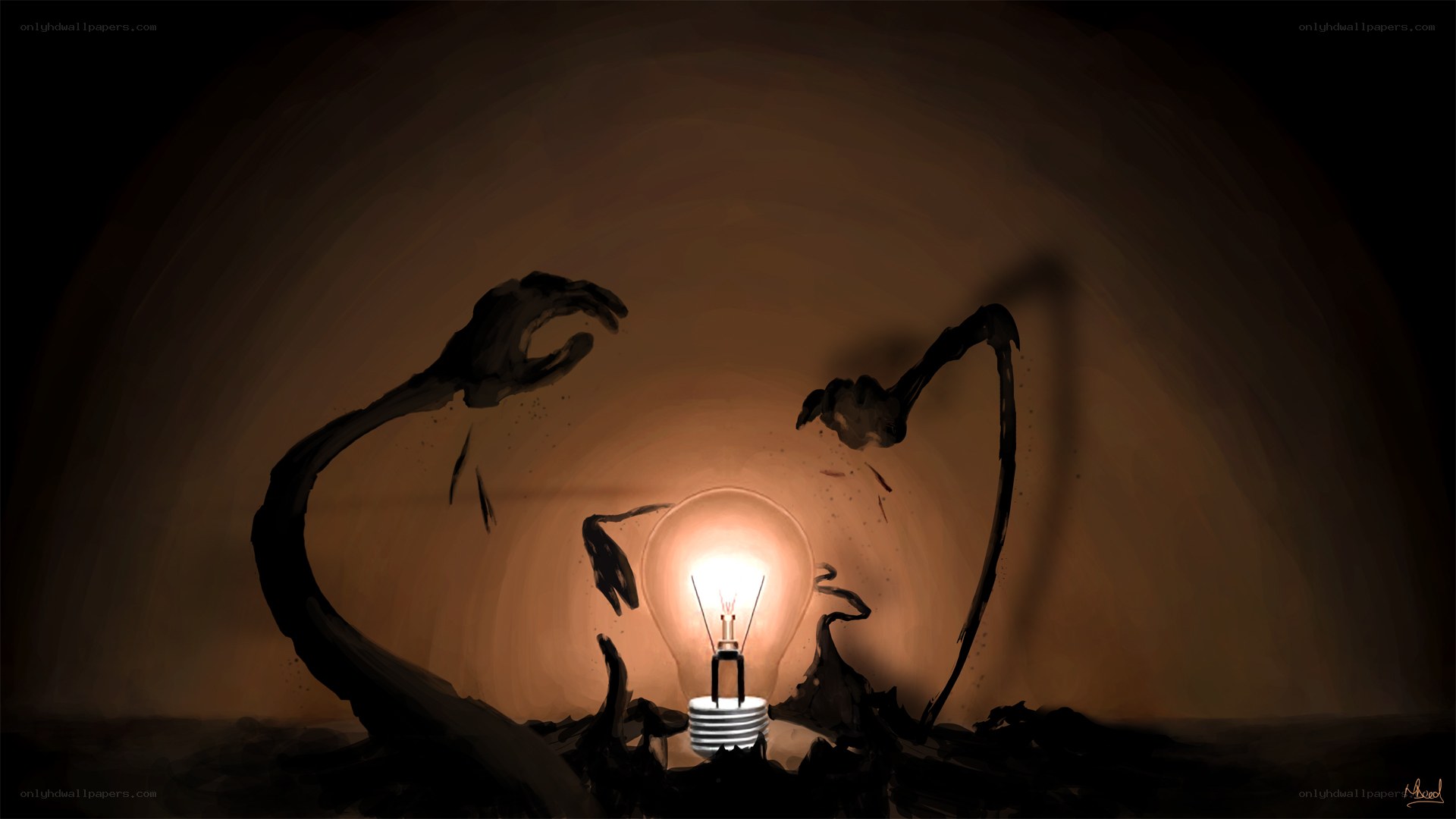 Dark hands around a light bulb