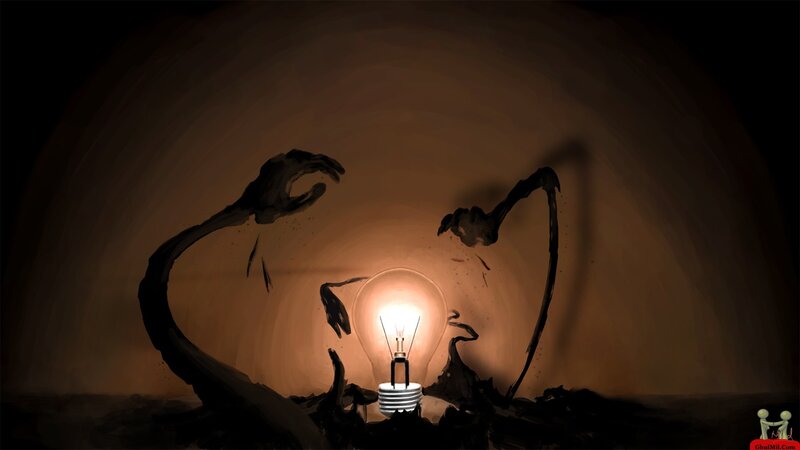 Dark hands surround a light bulb