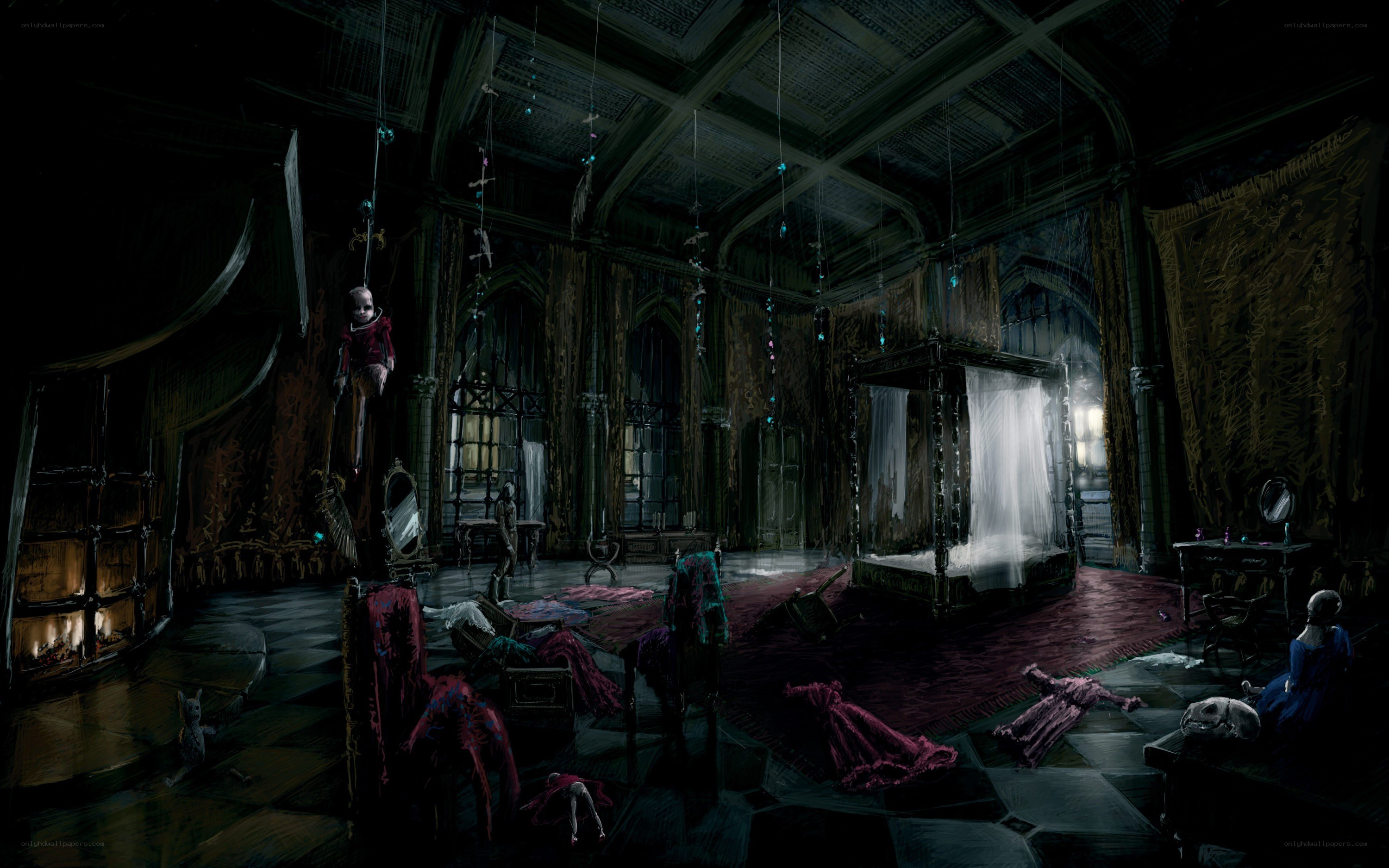 Dark haunted bedroom concept