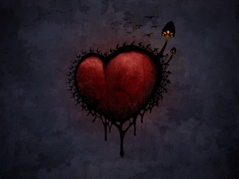 Dark heart with thorns and mushrooms