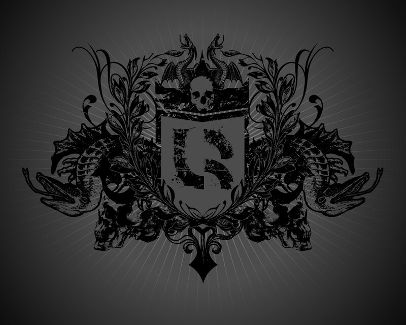 dark heraldic emblem with skulls