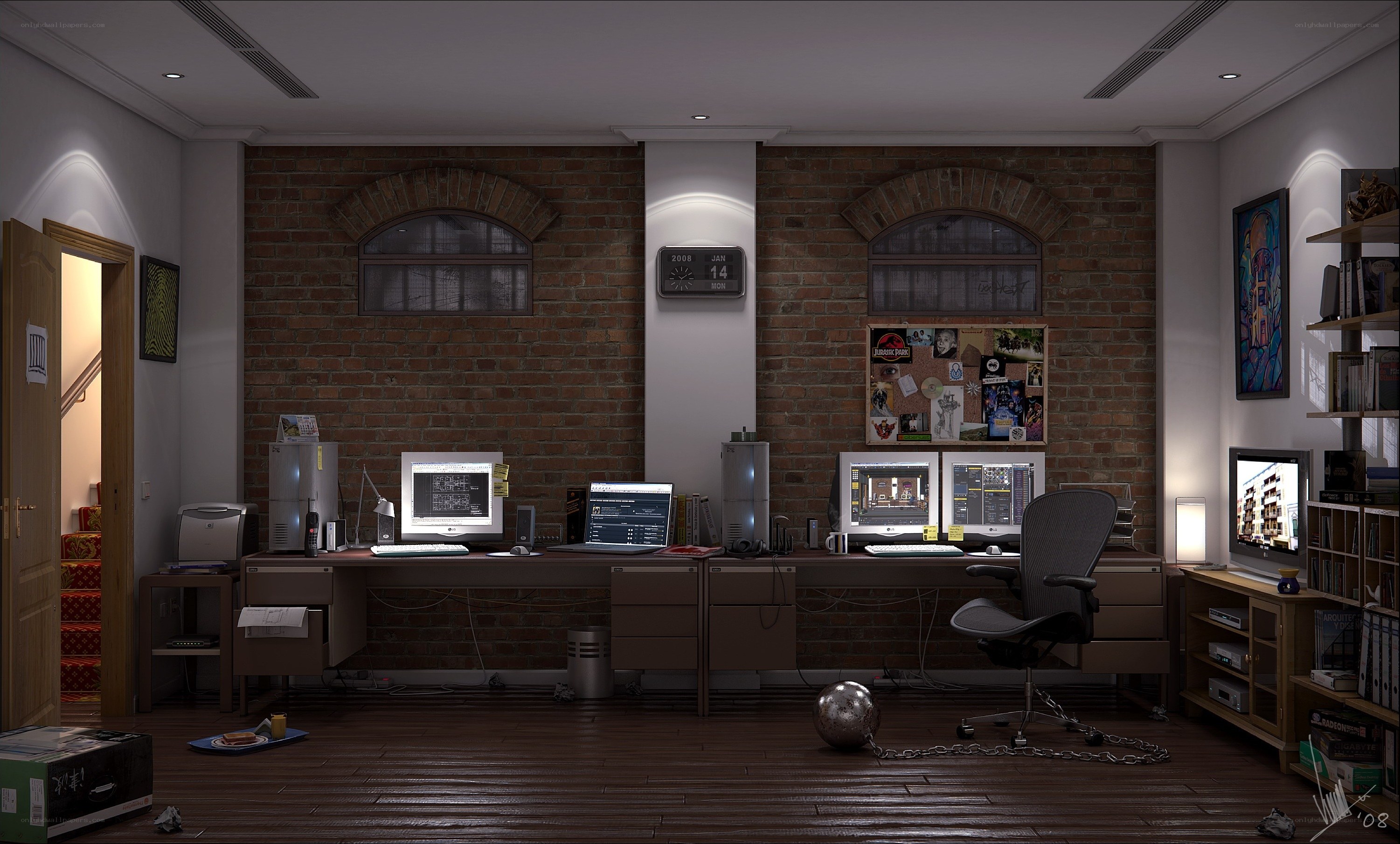 dark home office workspace