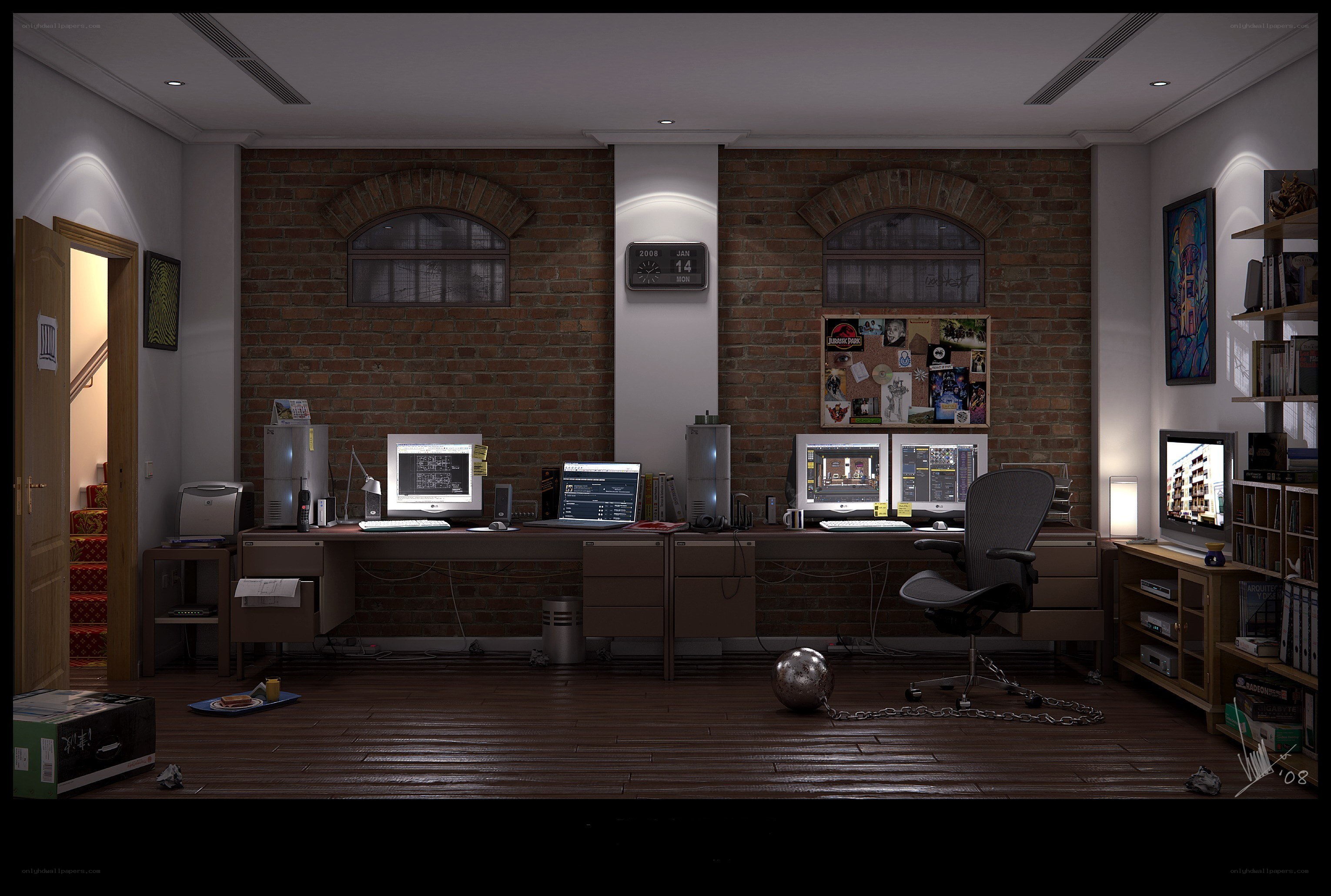 dark home office workspace