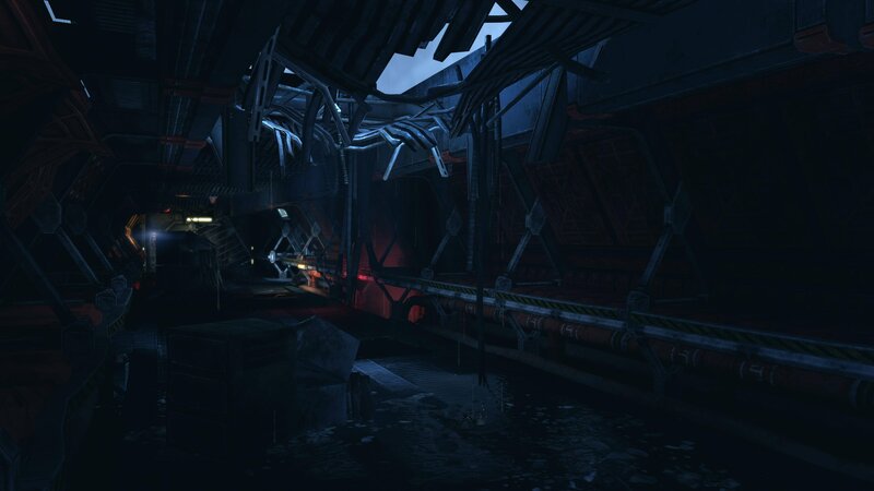 Dark Industrial Corridor — Black, Dramatic, Tense, Night