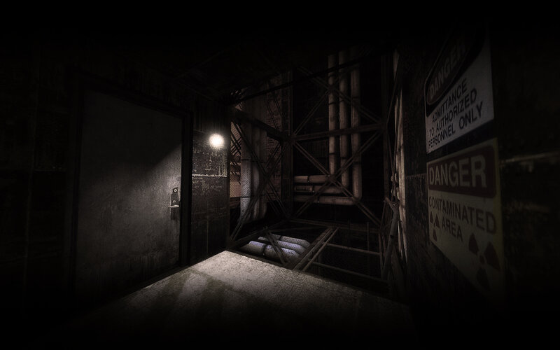 dark industrial corridor with danger signs