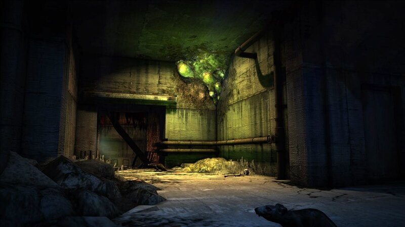 dark industrial corridor with glowing fungus