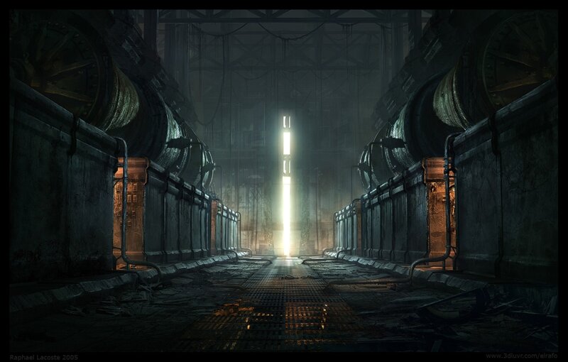 dark industrial corridor with light