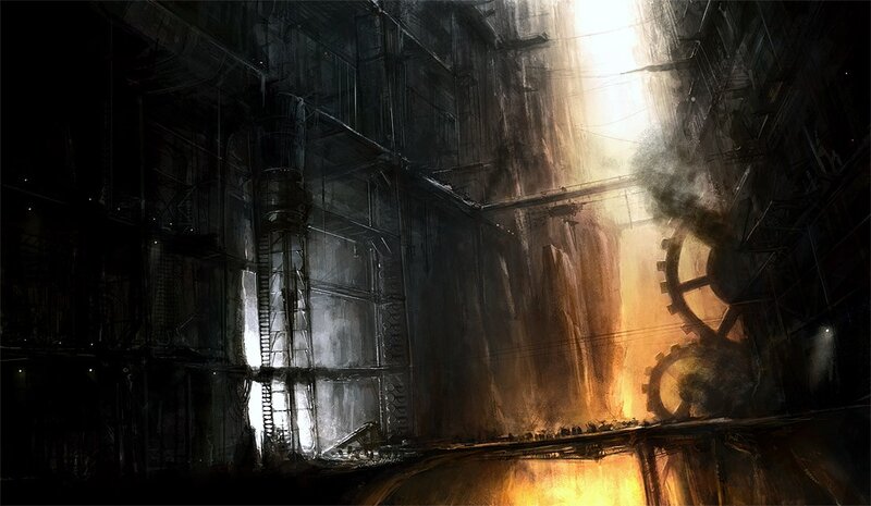 dark industrial factory interior
