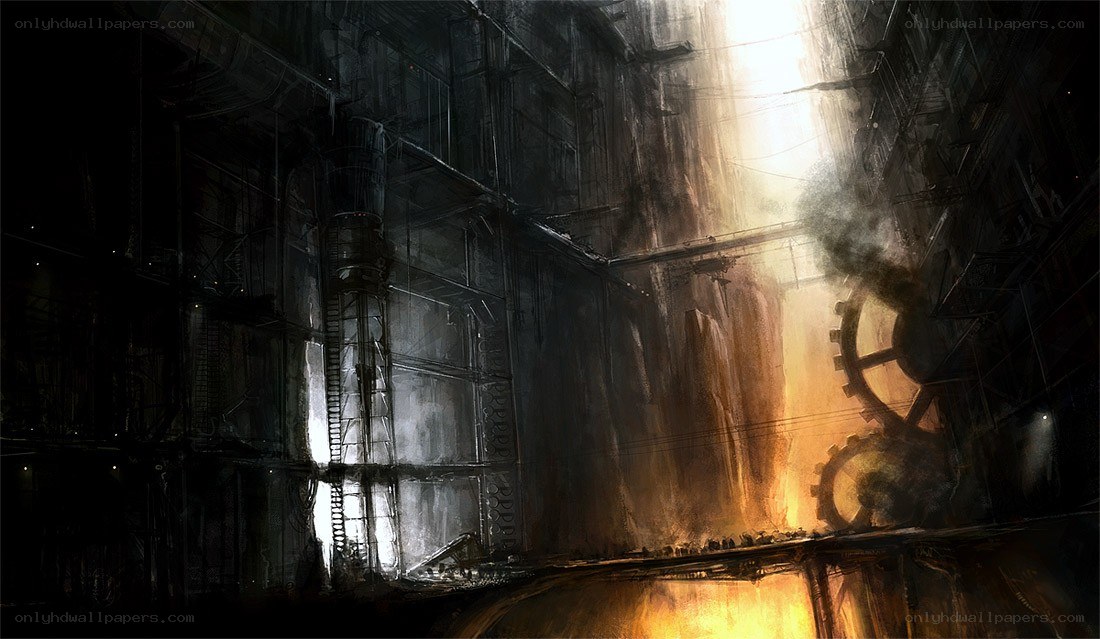 dark industrial factory interior