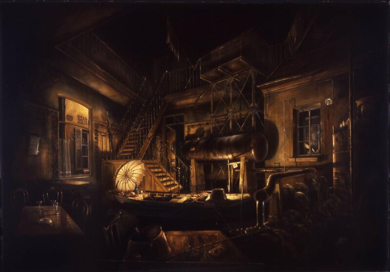 Dark industrial interior scene