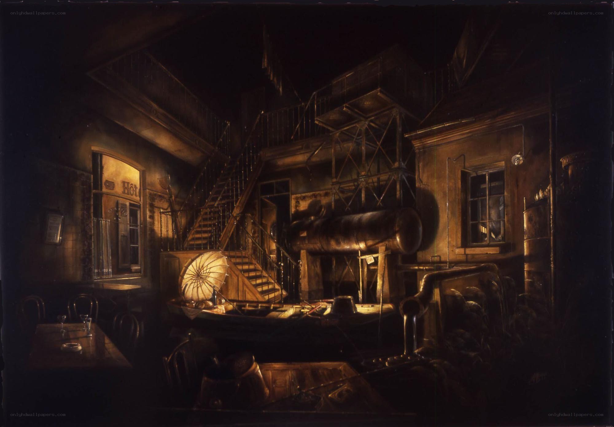 Dark industrial interior scene