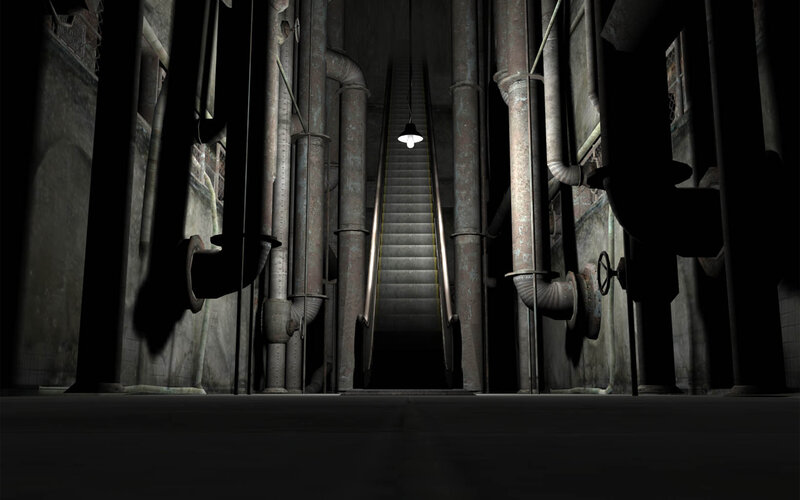 dark industrial stairwell