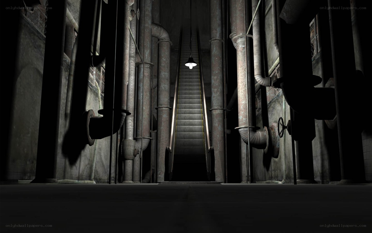 dark industrial stairwell