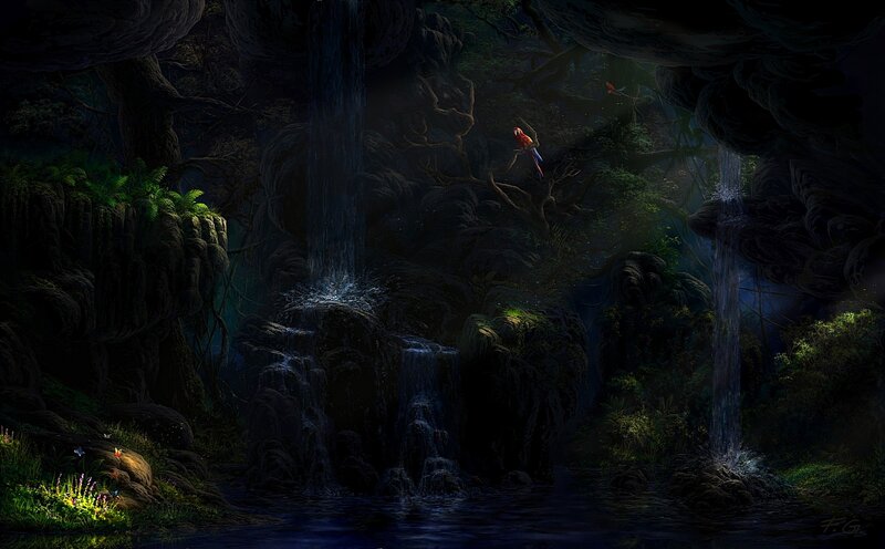 Dark jungle waterfall scene