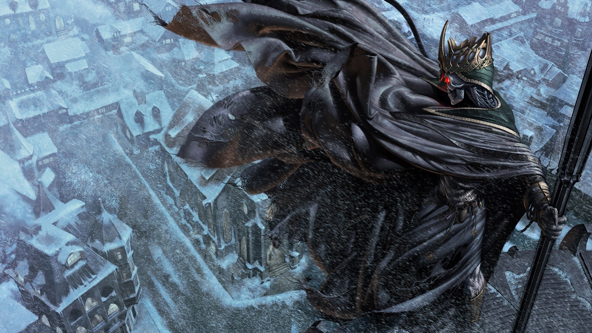 Dark knight in snowy city