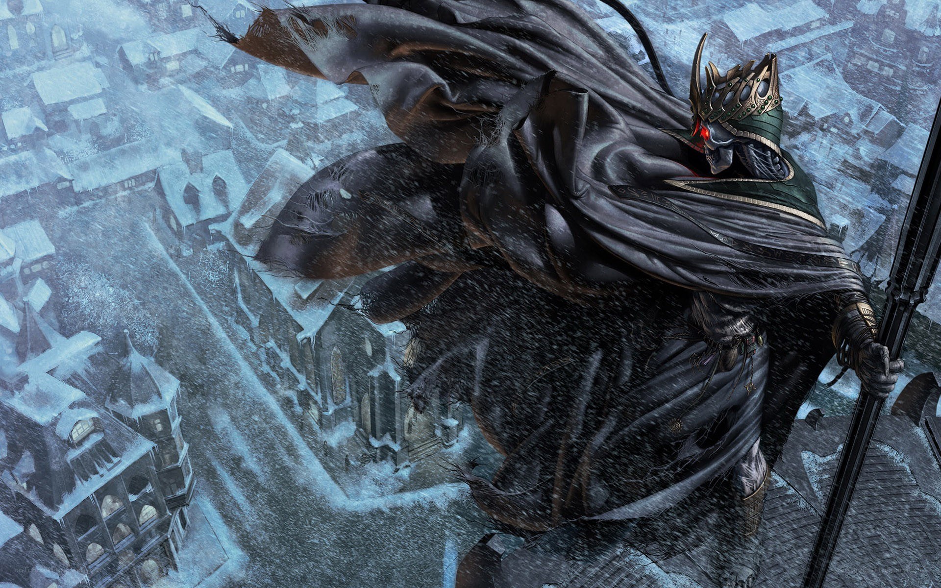 Dark knight in snowy city