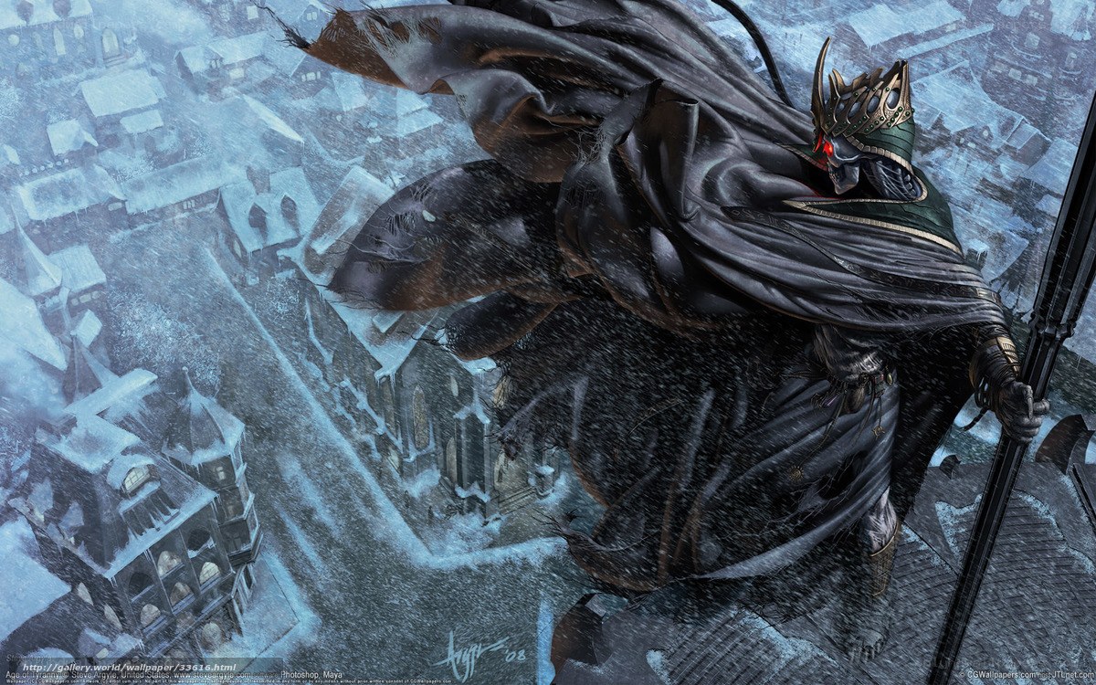 Dark knight in snowy city