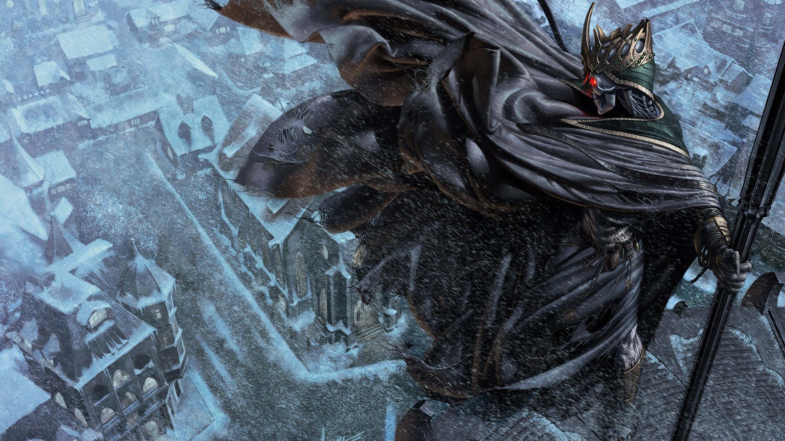 Dark knight overlooking snowy town