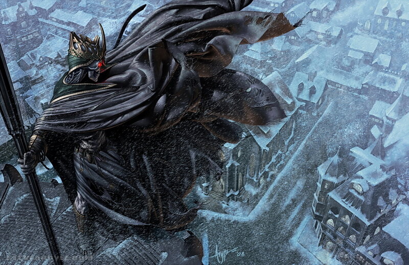 Dark knight overlooks snowy town