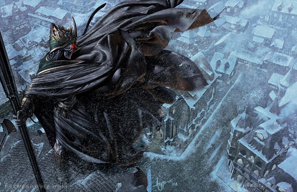 Dark knight overlooks snowy town