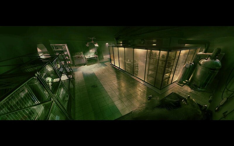 dark laboratory with animal cages