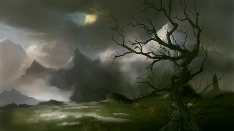 Dark landscape with bare tree