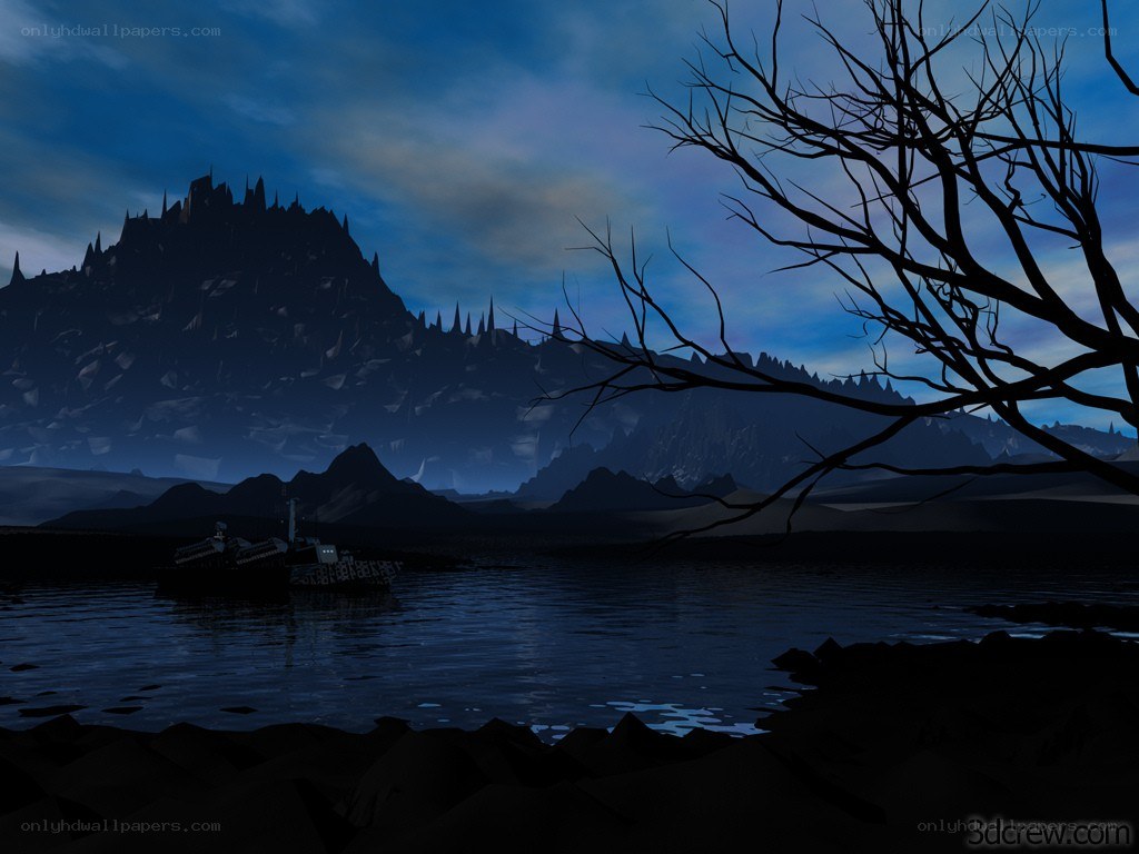 Dark landscape with castle silhouette