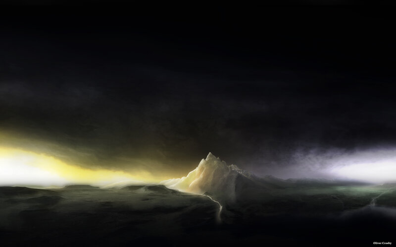 Dark landscape with glowing peak