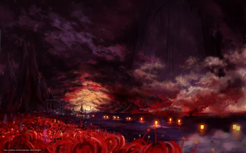 Dark landscape with red flowers