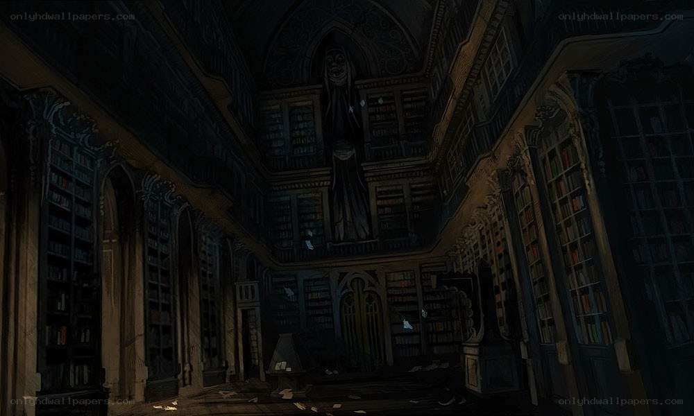 Dark library with statue