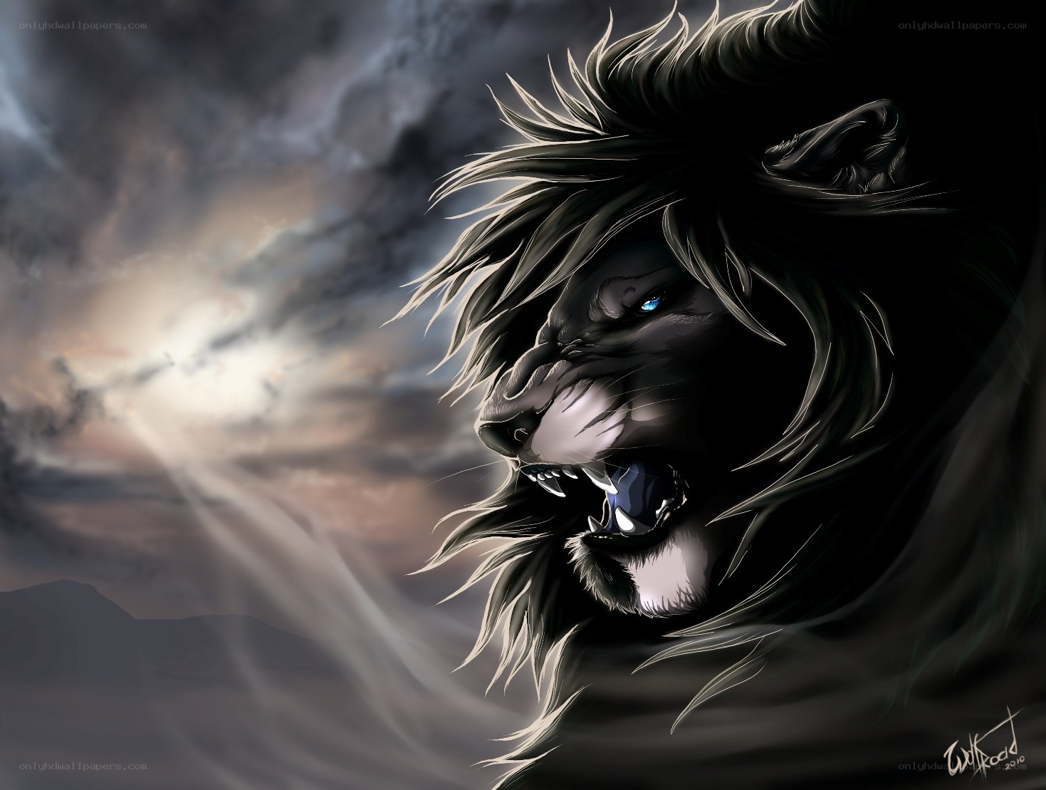dark lion roaring in storm