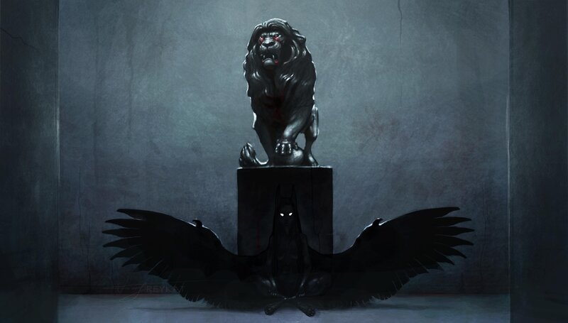 Dark lion statue with winged figure