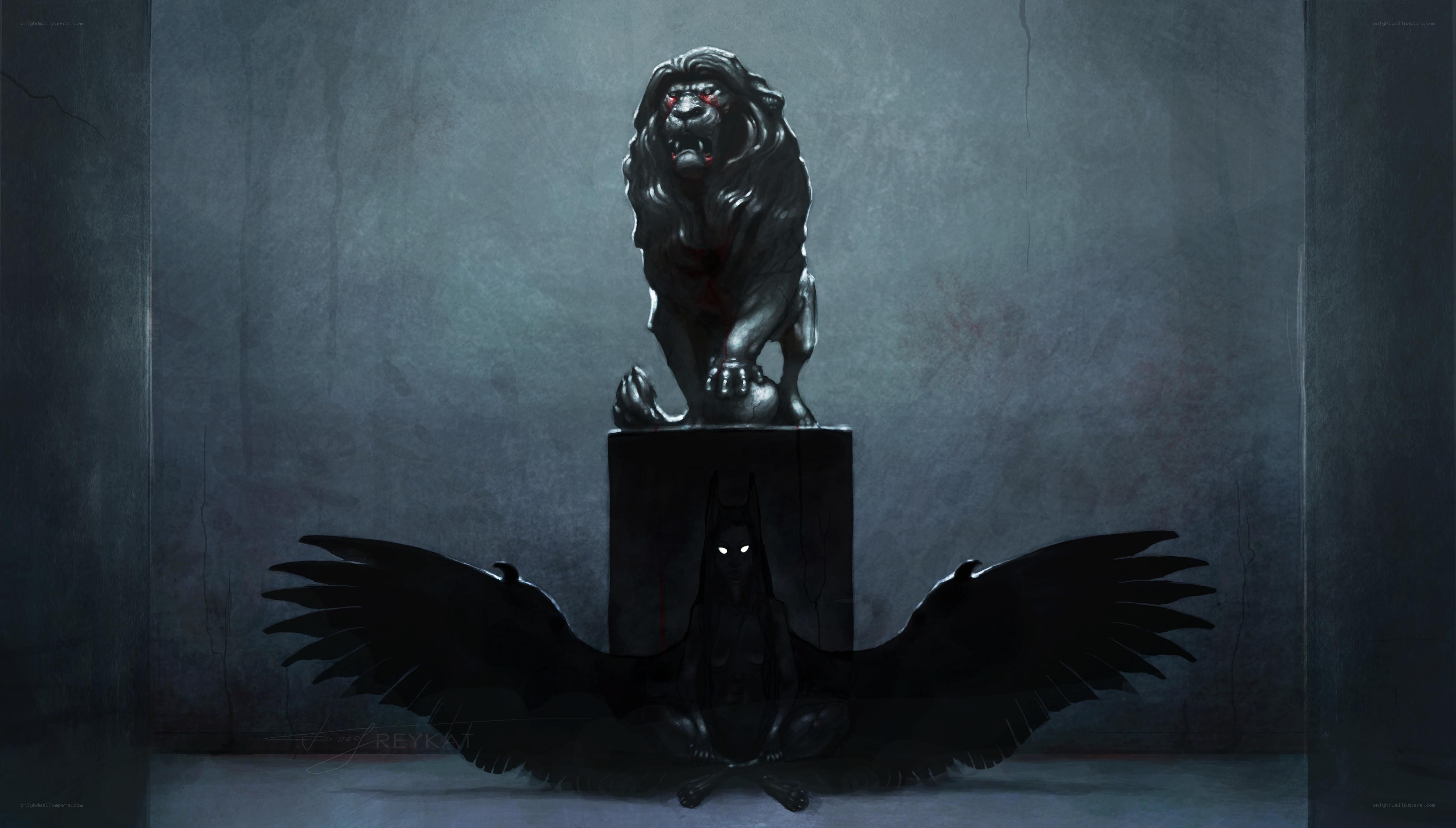 Dark lion statue with winged figure