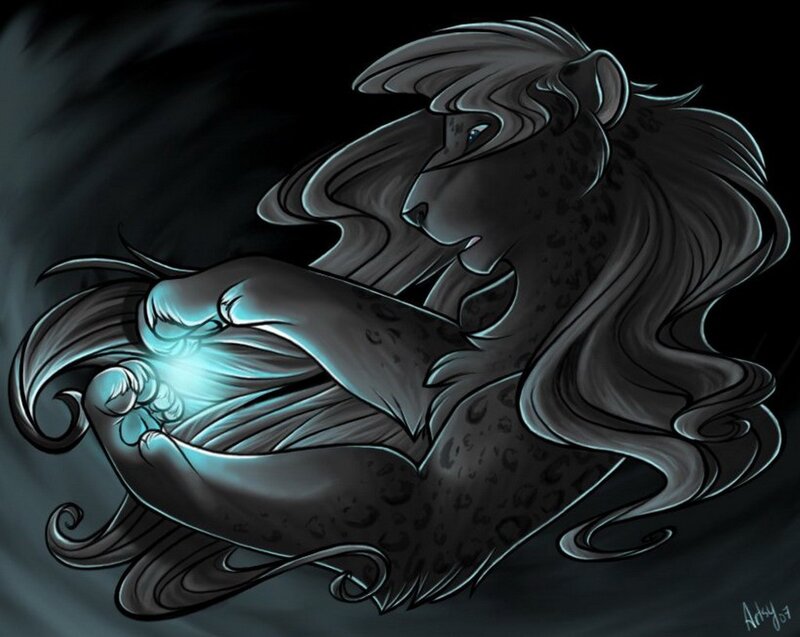 dark lion with glowing orb
